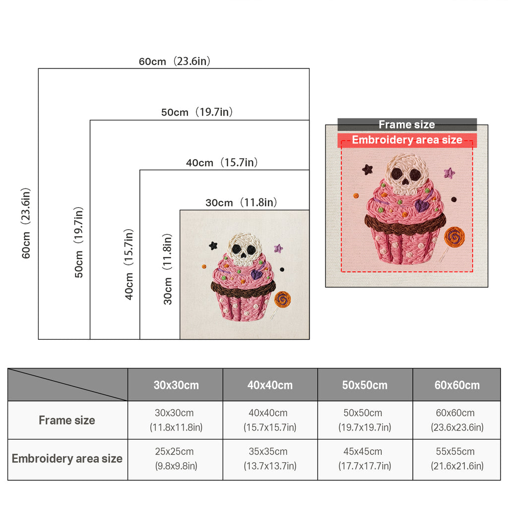 Size chart for square punch needle kits from 30 x 30 cm to 60 x 60 cm