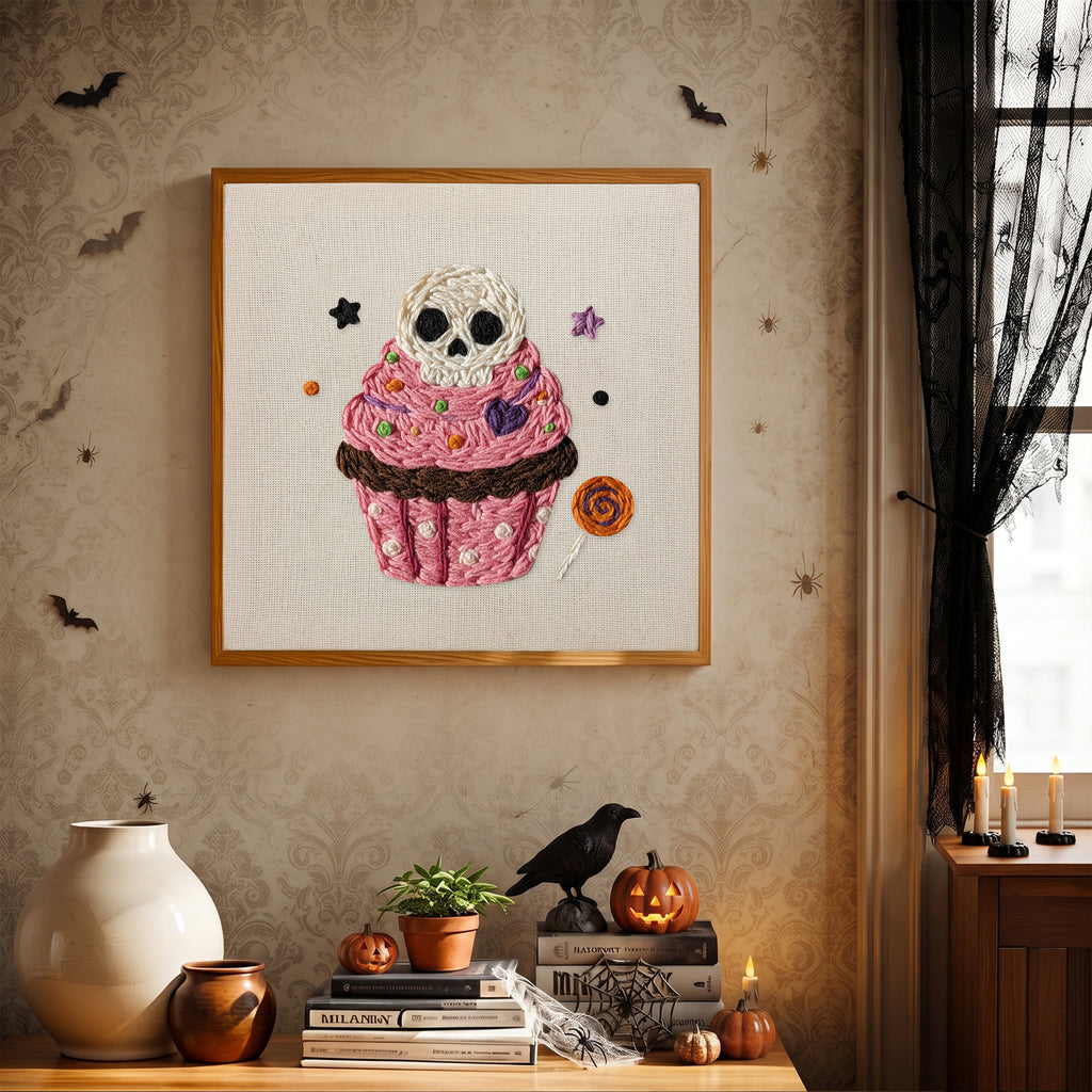 Finished Skull Cupcake punch needle canvas on a wall