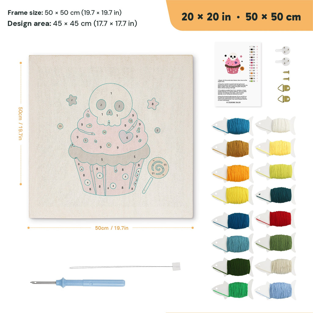 Skull Cupcake punch needle kit, 20 × 20 in (50 × 50 cm): canvas size and kit contents