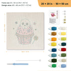 Skull Cupcake punch needle kit, 20 × 20 in (50 × 50 cm): canvas size and kit contents