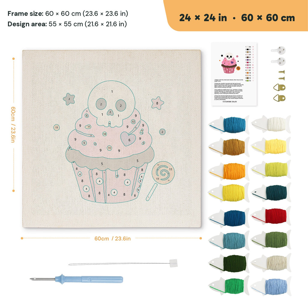 Skull Cupcake punch needle kit, 24 × 24 in (60 × 60 cm): canvas size and kit contents