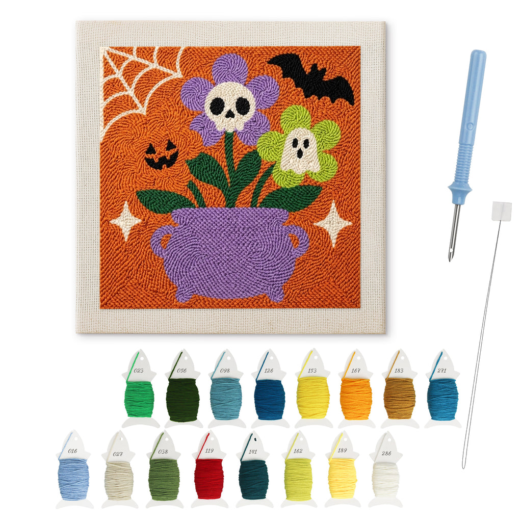 Skull Flower Cauldron punch needle kit: finished canvas with threads, punch needle and threader