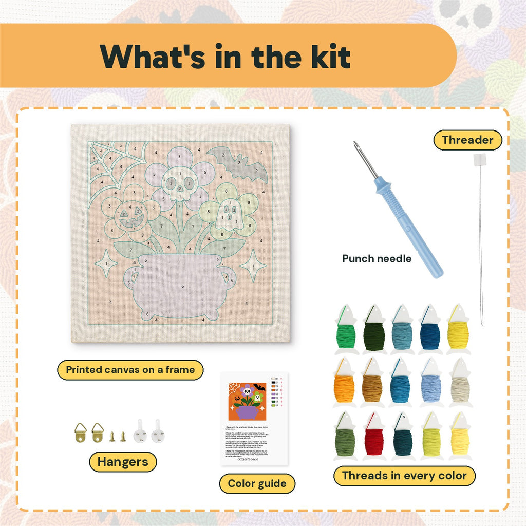 What is in the Skull Flower Cauldron kit: printed canvas, punch needle, threader, threads, color guide and hangers