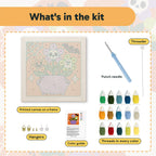 What is in the Skull Flower Cauldron kit: printed canvas, punch needle, threader, threads, color guide and hangers