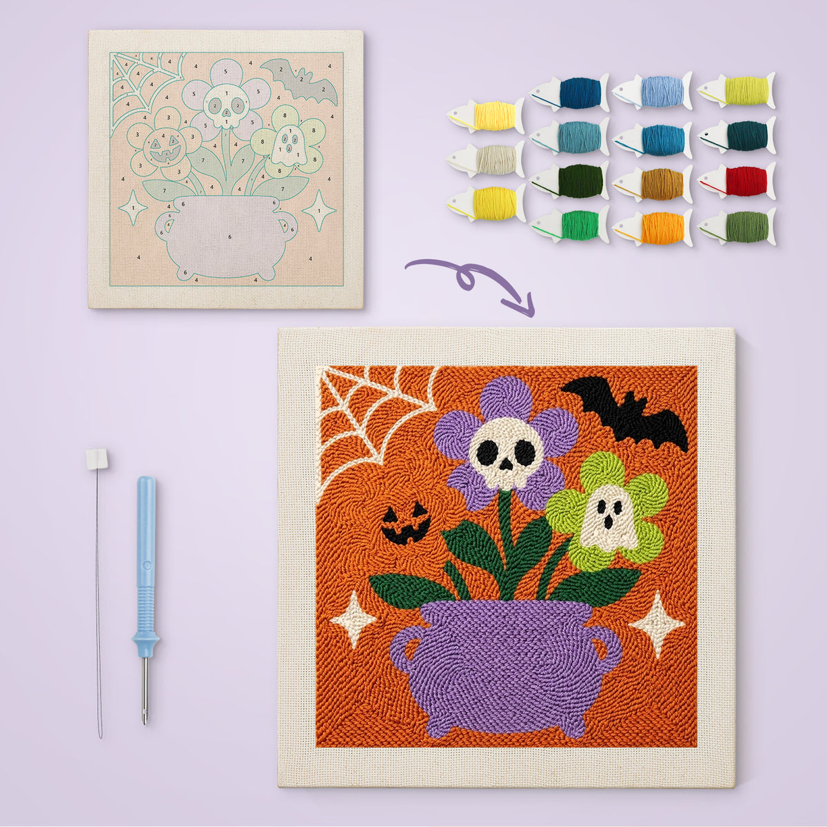 Skull Flower Cauldron canvas before and after punching, with the threads and tools