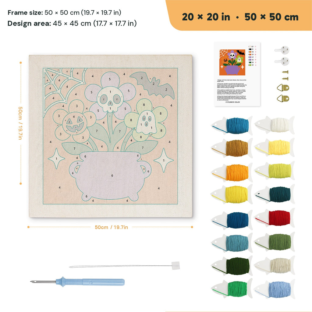 Skull Flower Cauldron punch needle kit, 20 × 20 in (50 × 50 cm): canvas size and kit contents