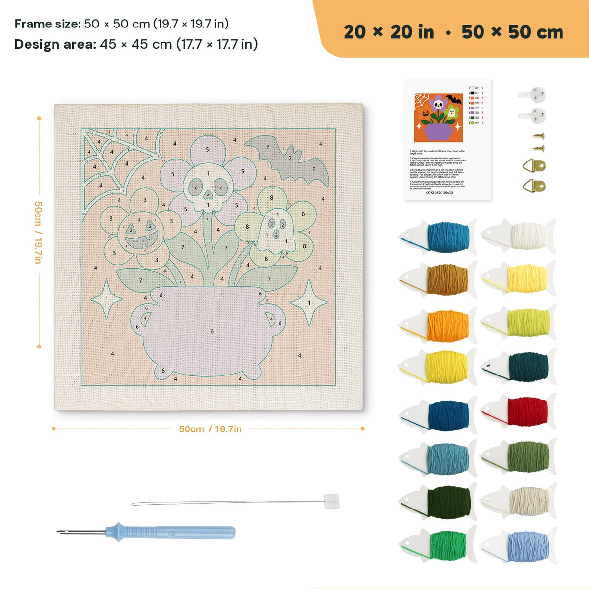 Skull Flower Cauldron punch needle kit, 20 × 20 in (50 × 50 cm): canvas size and kit contents
