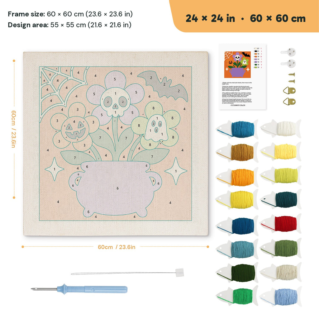 Skull Flower Cauldron punch needle kit, 24 × 24 in (60 × 60 cm): canvas size and kit contents