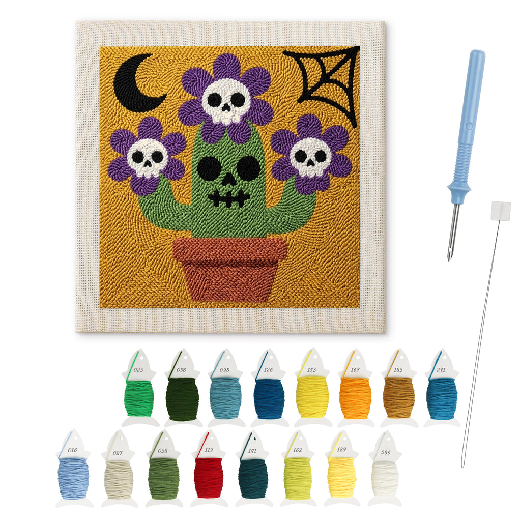 Skull Flower Pot punch needle kit: finished canvas with threads, punch needle and threader