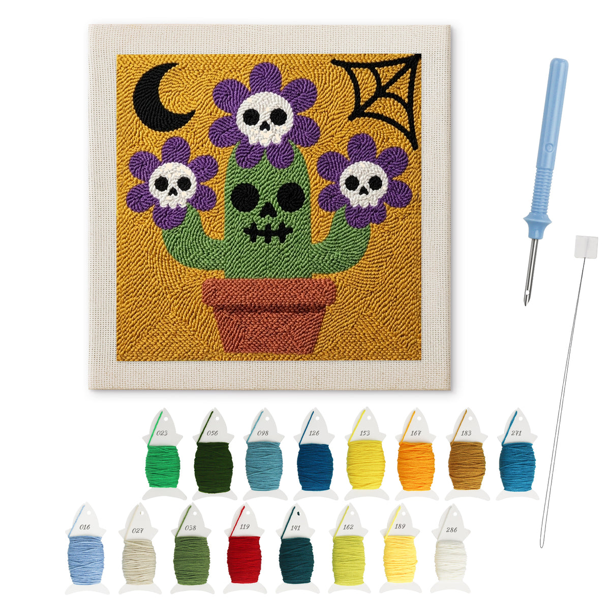 Skull Flower Pot punch needle kit: finished canvas with threads, punch needle and threader