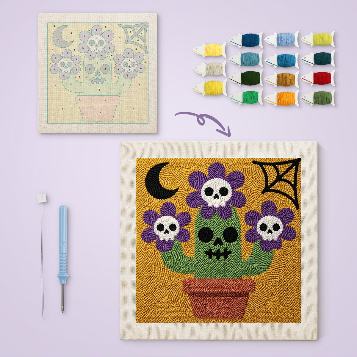 Skull Flower Pot canvas before and after punching, with the threads and tools