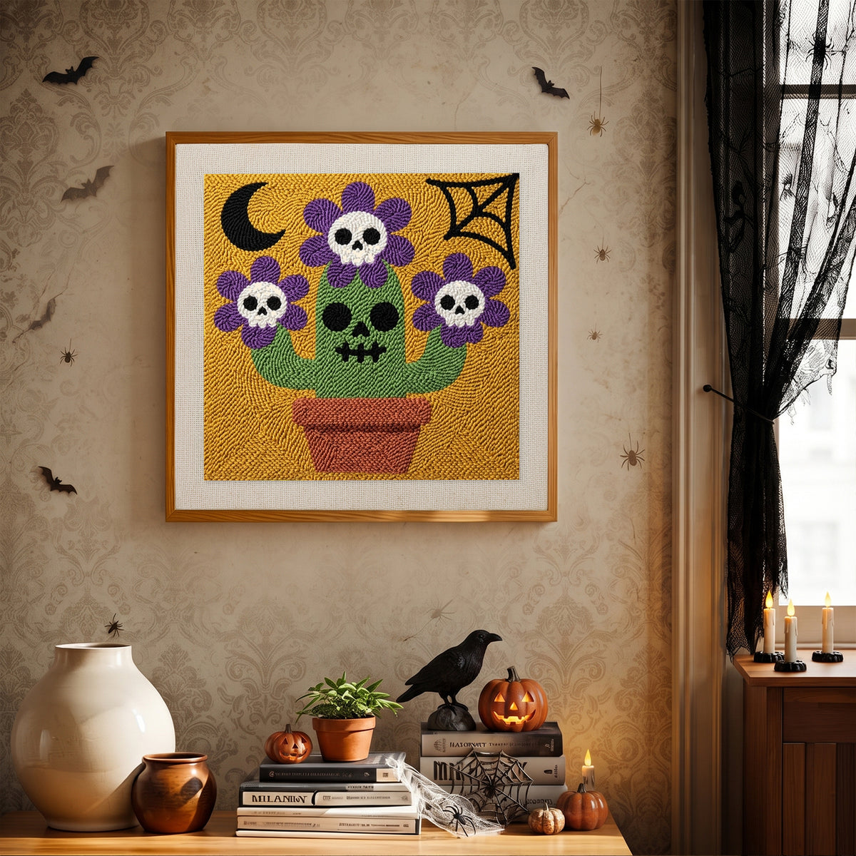 Finished Skull Flower Pot punch needle canvas on a wall