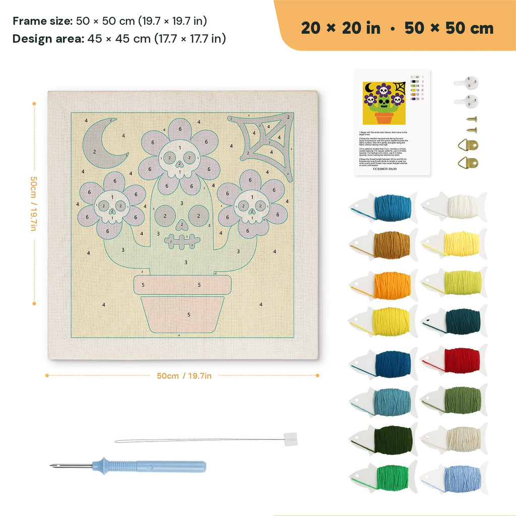 Skull Flower Pot punch needle kit, 20 × 20 in (50 × 50 cm): canvas size and kit contents