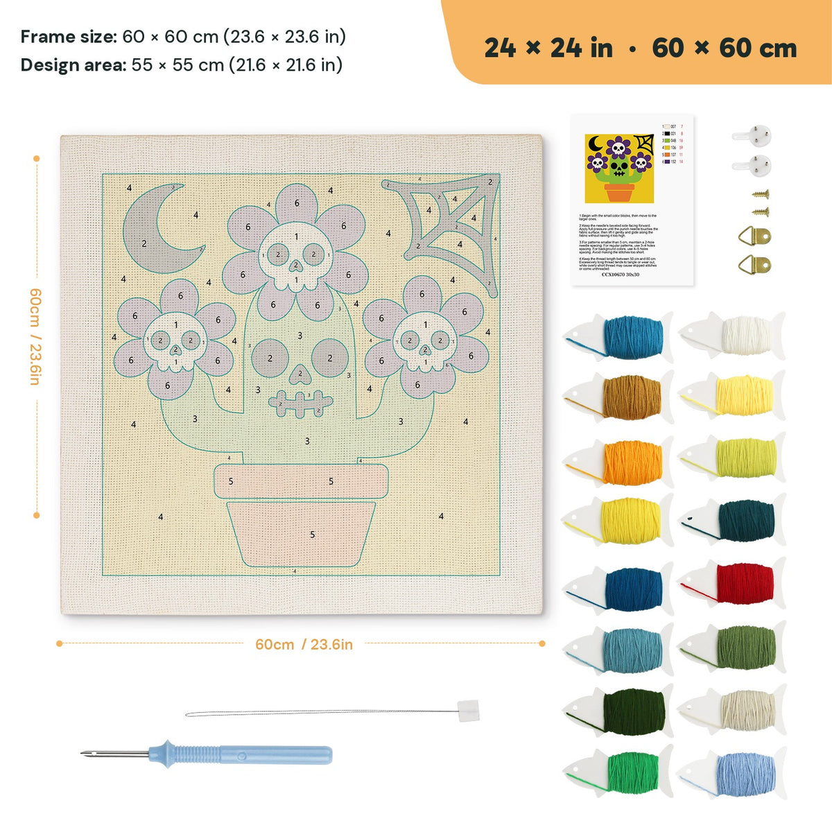 Skull Flower Pot punch needle kit, 24 × 24 in (60 × 60 cm): canvas size and kit contents