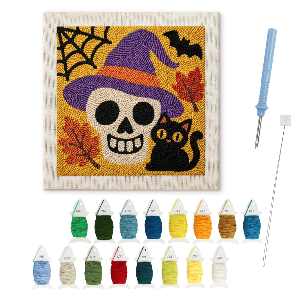 Skull in a Witch Hat punch needle kit: finished canvas with threads, punch needle and threader