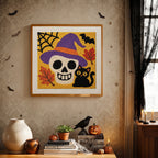 Finished Skull in a Witch Hat punch needle canvas on a wall