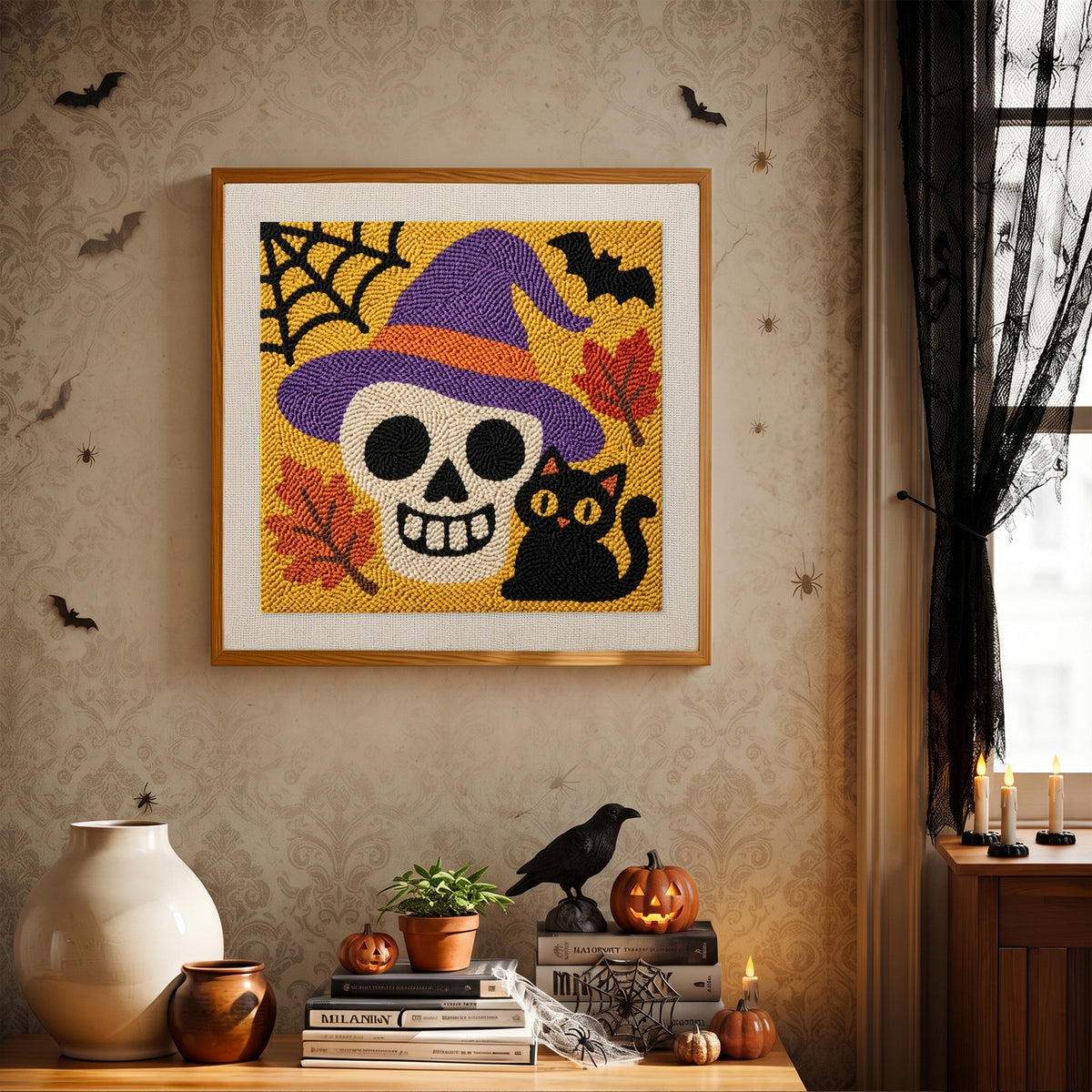Finished Skull in a Witch Hat punch needle canvas on a wall