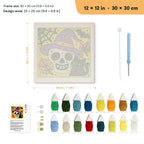Skull in a Witch Hat punch needle kit, 12 × 12 in (30 × 30 cm): canvas size and kit contents