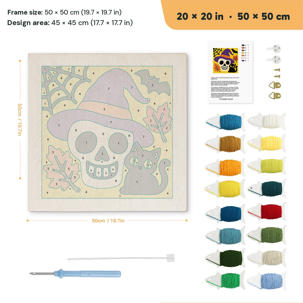 Skull in a Witch Hat punch needle kit, 20 × 20 in (50 × 50 cm): canvas size and kit contents
