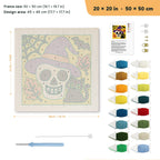 Skull in a Witch Hat punch needle kit, 20 × 20 in (50 × 50 cm): canvas size and kit contents