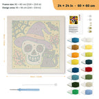 Skull in a Witch Hat punch needle kit, 24 × 24 in (60 × 60 cm): canvas size and kit contents