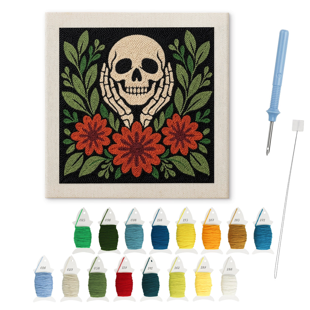 Skull in Hands punch needle kit: finished canvas with threads, punch needle and threader