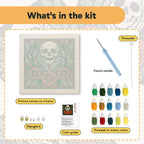 What is in the Skull in Hands kit: printed canvas, punch needle, threader, threads, color guide and hangers