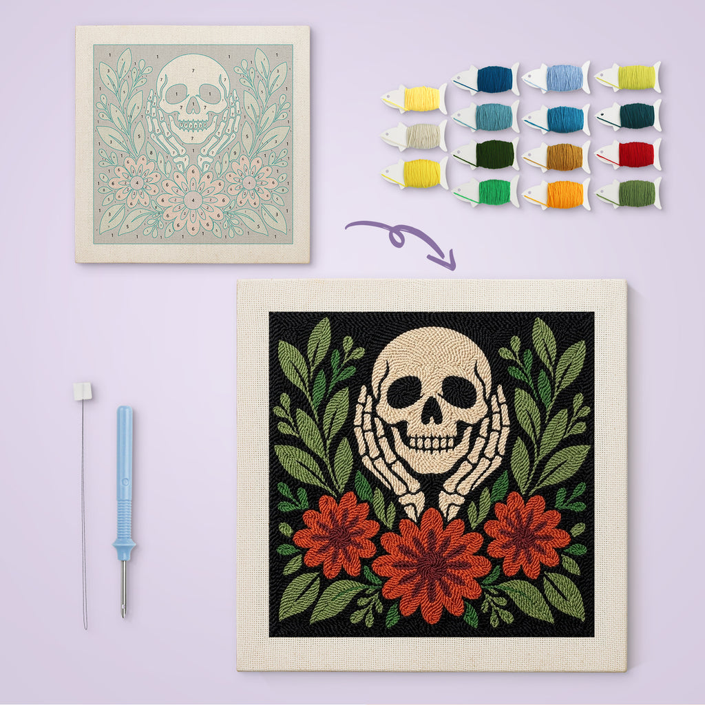 Skull in Hands canvas before and after punching, with the threads and tools