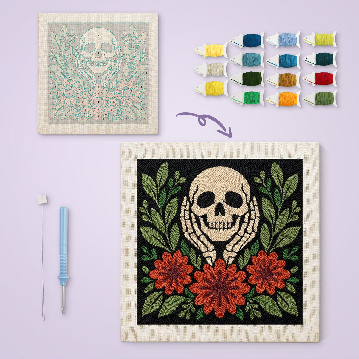 Skull in Hands canvas before and after punching, with the threads and tools