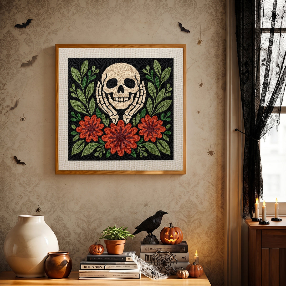 Finished Skull in Hands punch needle canvas on a wall