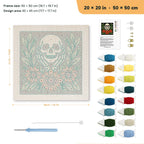 Skull in Hands punch needle kit, 20 × 20 in (50 × 50 cm): canvas size and kit contents
