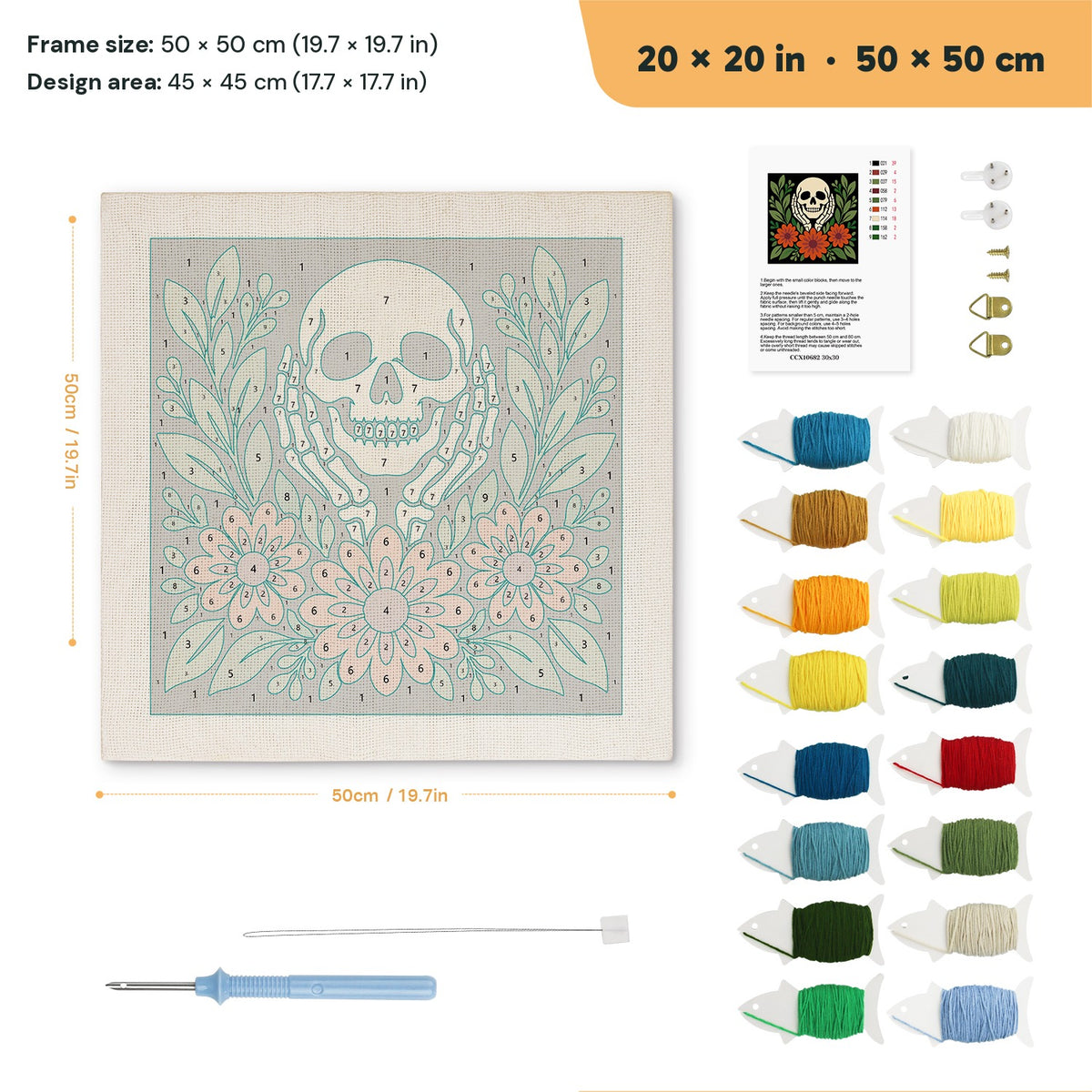 Skull in Hands punch needle kit, 20 × 20 in (50 × 50 cm): canvas size and kit contents