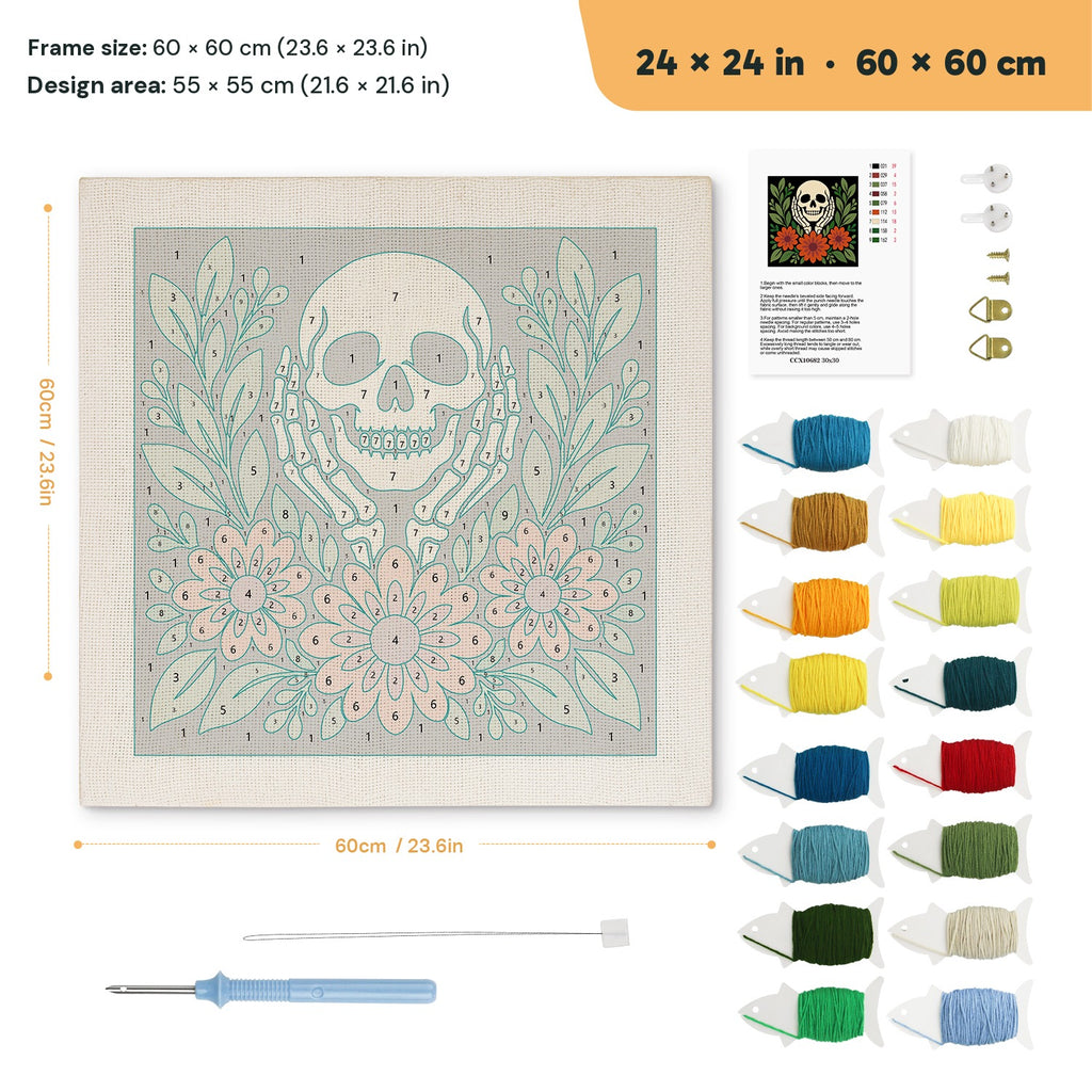 Skull in Hands punch needle kit, 24 × 24 in (60 × 60 cm): canvas size and kit contents