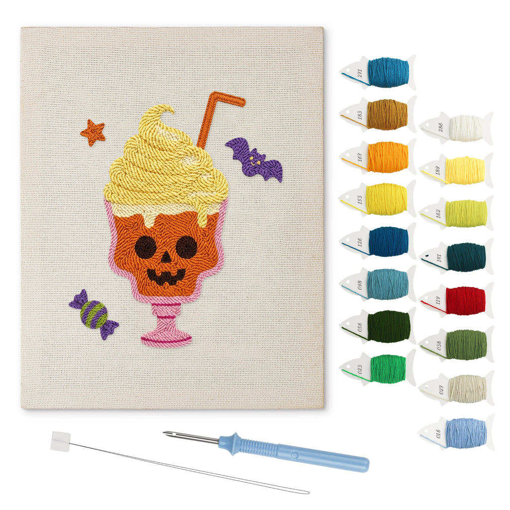 Skull Milkshake punch needle kit: finished canvas with threads, punch needle and threader