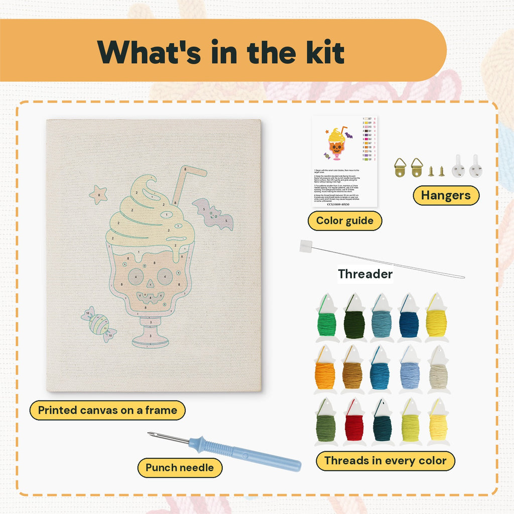 What is in the Skull Milkshake kit: printed canvas, punch needle, threader, threads, color guide and hangers