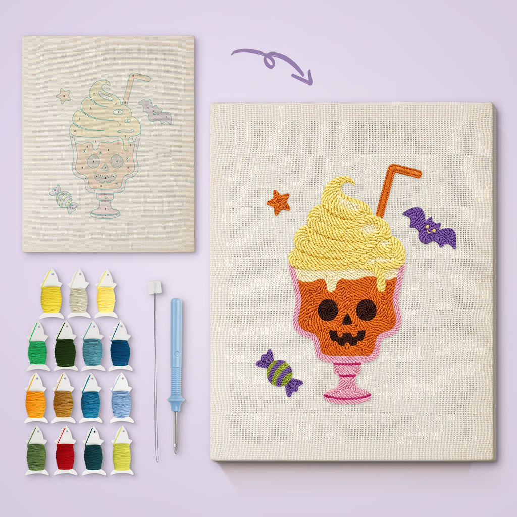 Skull Milkshake canvas before and after punching, with the threads and tools