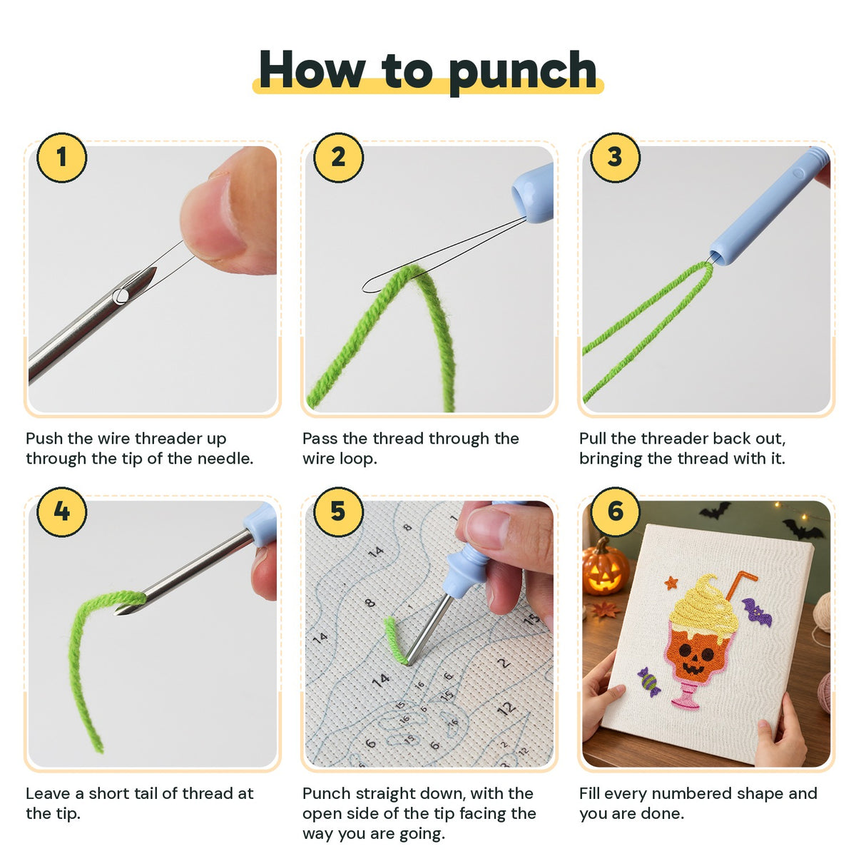 Six steps showing how to thread and use the punch needle