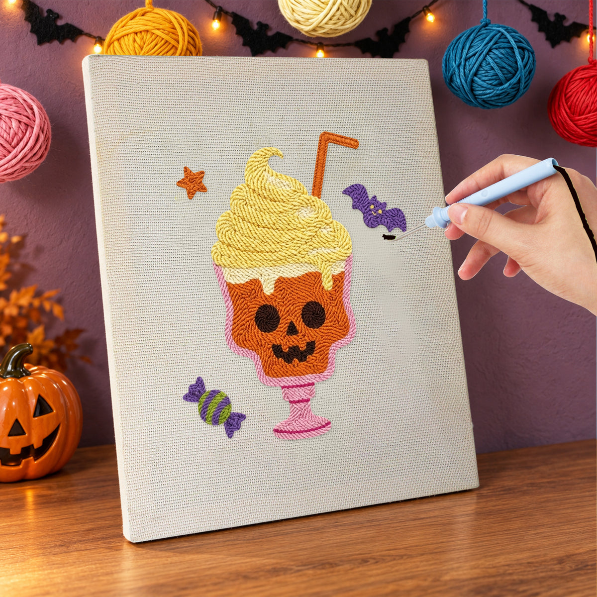 Punching the Skull Milkshake design with the punch needle