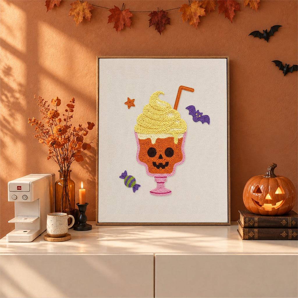 Finished Skull Milkshake punch needle canvas on a wall