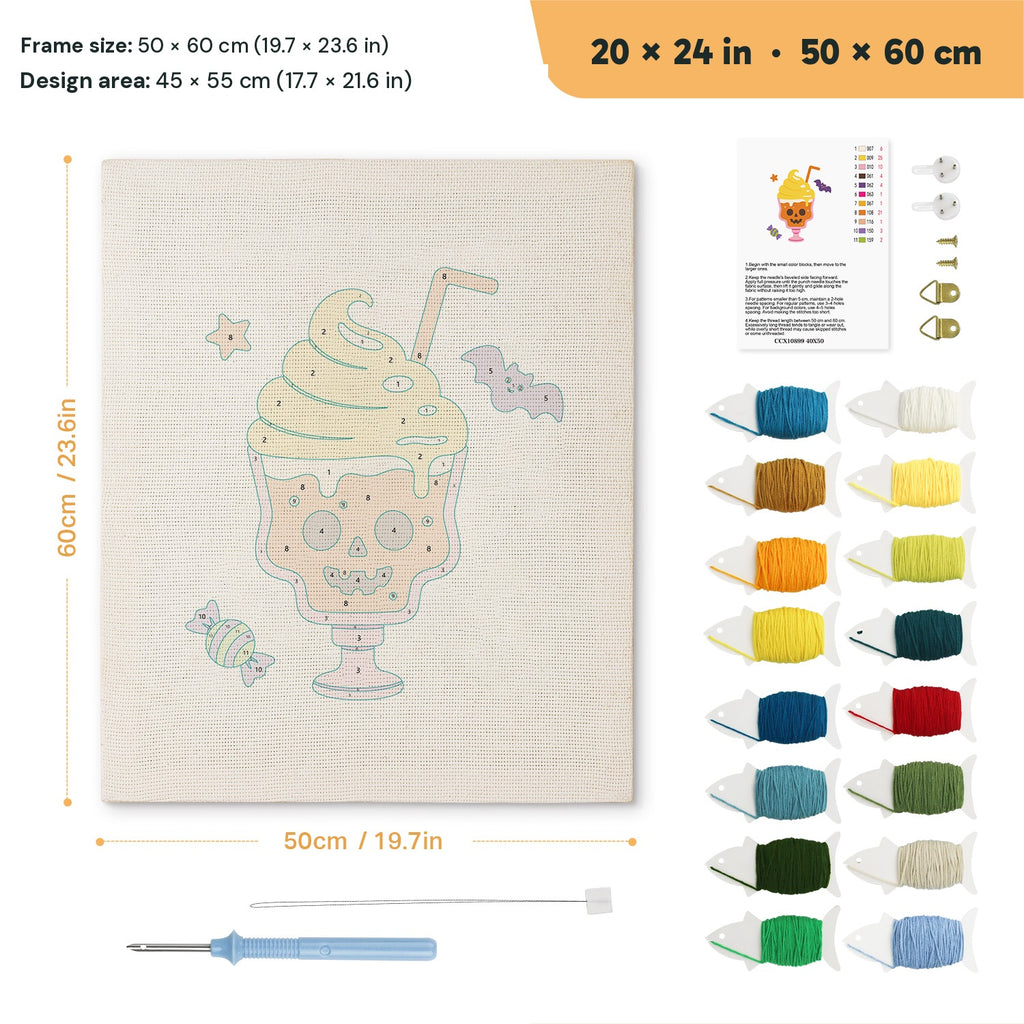 Skull Milkshake punch needle kit, 20 × 24 in (50 × 60 cm): canvas size and kit contents