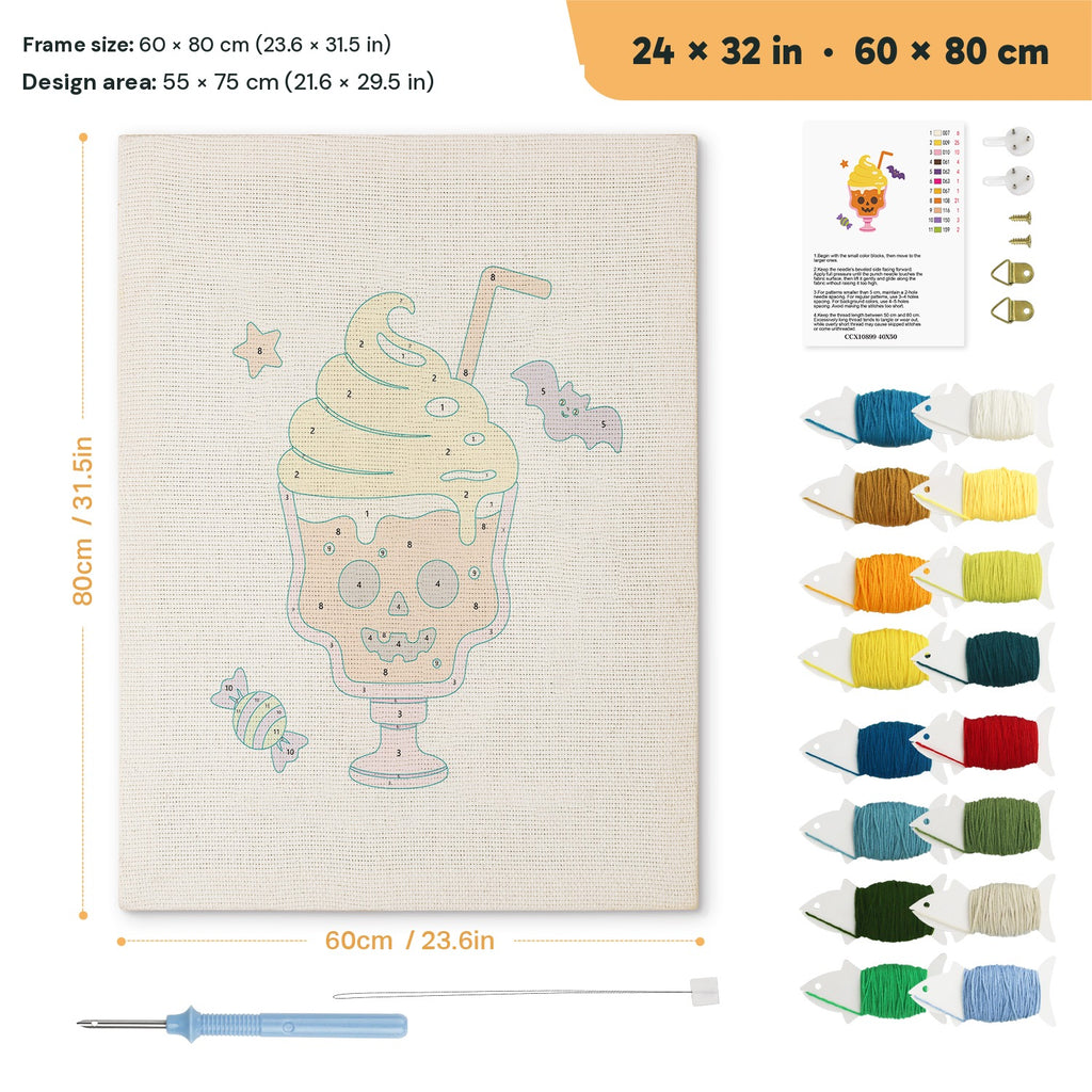 Skull Milkshake punch needle kit, 24 × 32 in (60 × 80 cm): canvas size and kit contents