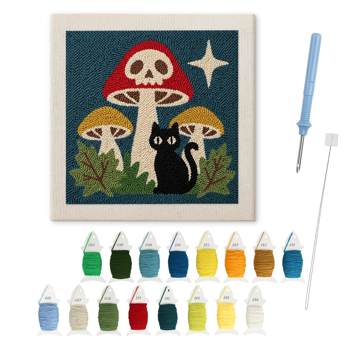 Skull Mushroom Cat punch needle kit: finished canvas with threads, punch needle and threader