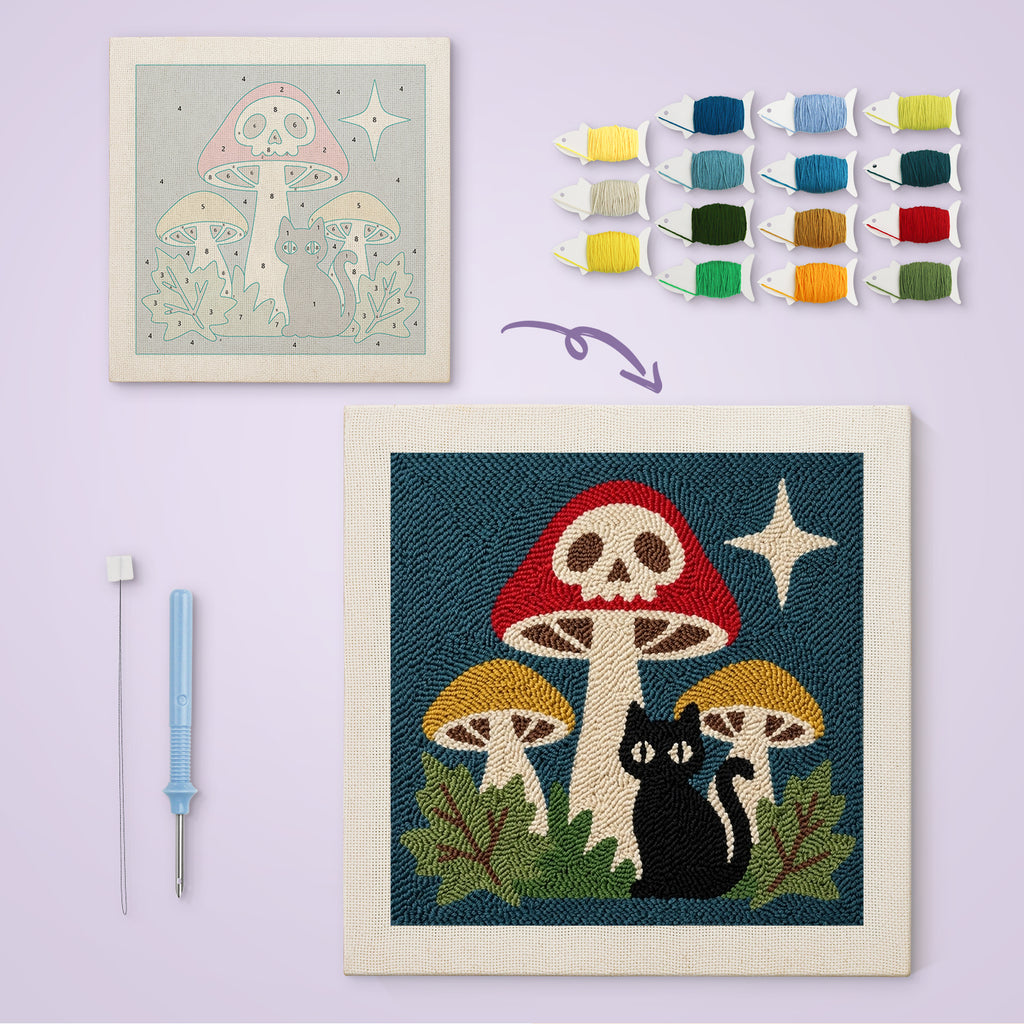 Skull Mushroom Cat canvas before and after punching, with the threads and tools