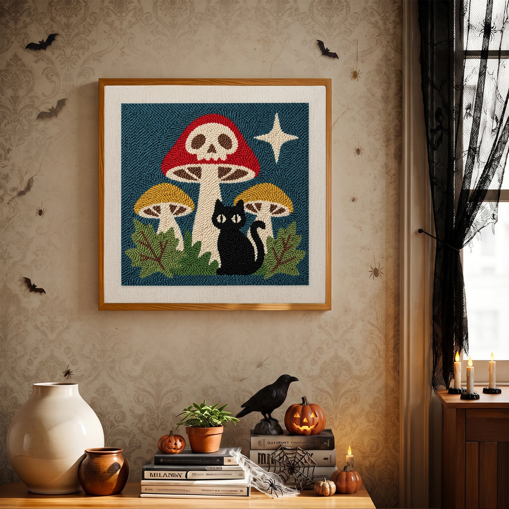 Finished Skull Mushroom Cat punch needle canvas on a wall