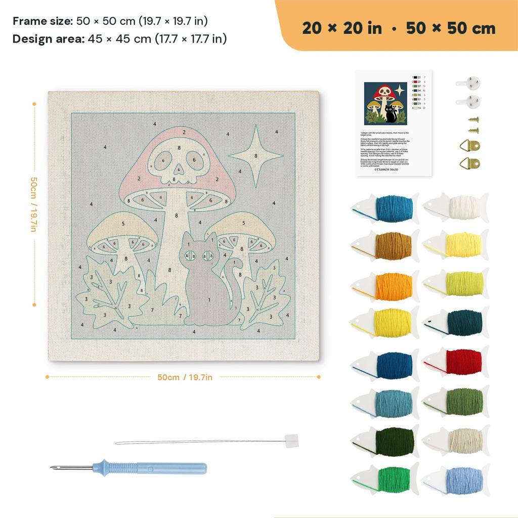 Skull Mushroom Cat punch needle kit, 20 × 20 in (50 × 50 cm): canvas size and kit contents