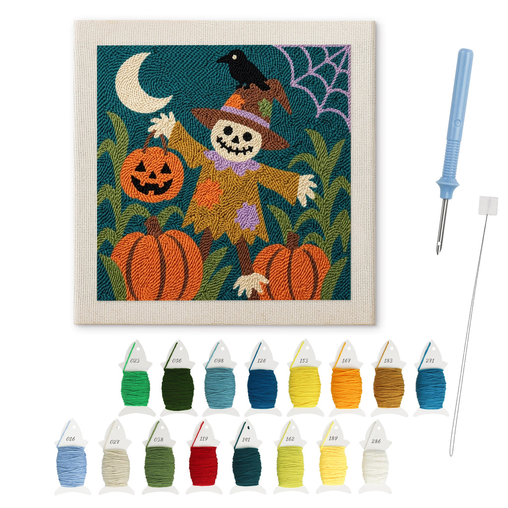 Skull Scarecrow Patch punch needle kit: finished canvas with threads, punch needle and threader
