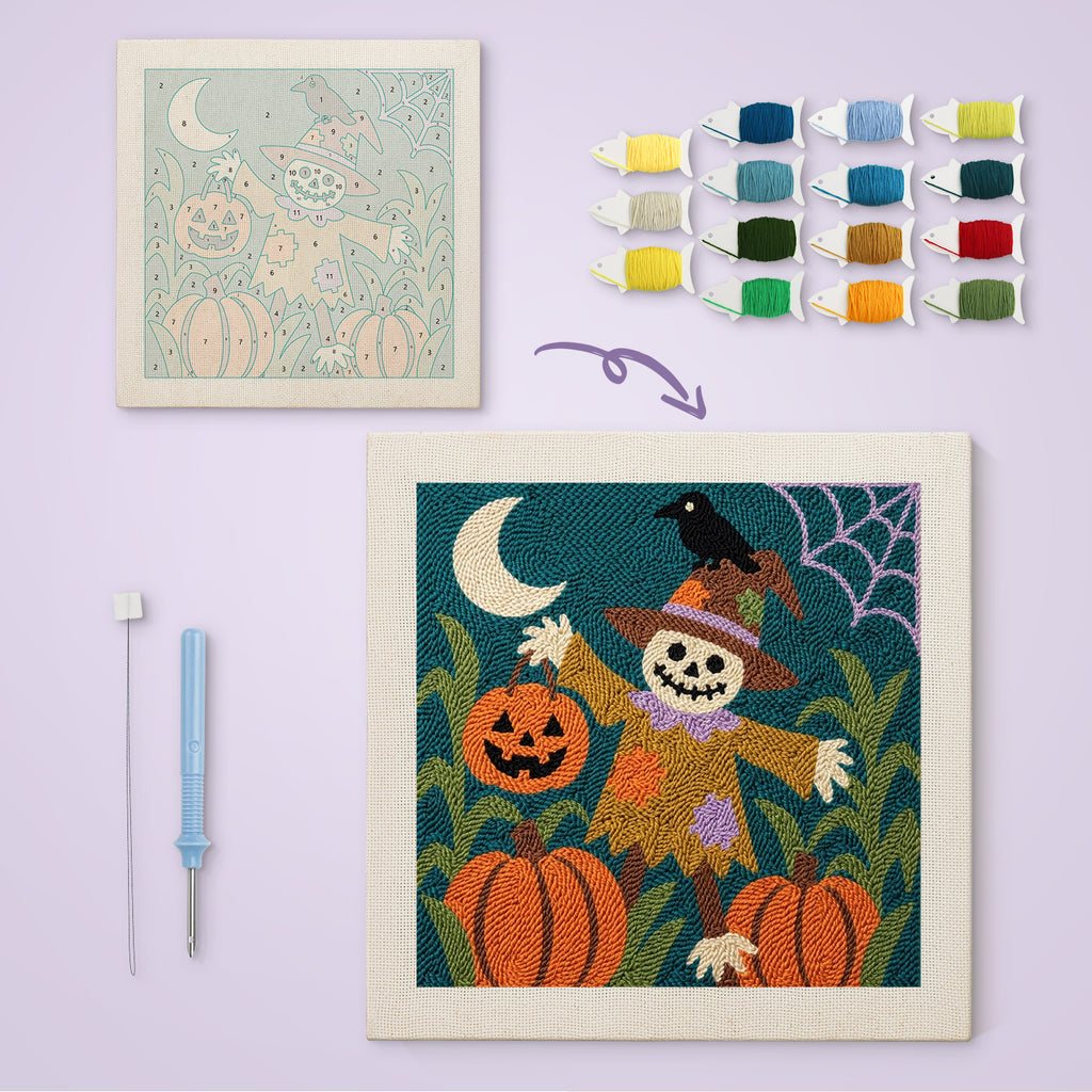 Skull Scarecrow Patch canvas before and after punching, with the threads and tools