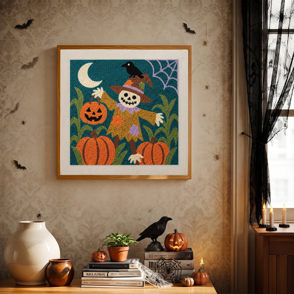 Finished Skull Scarecrow Patch punch needle canvas on a wall