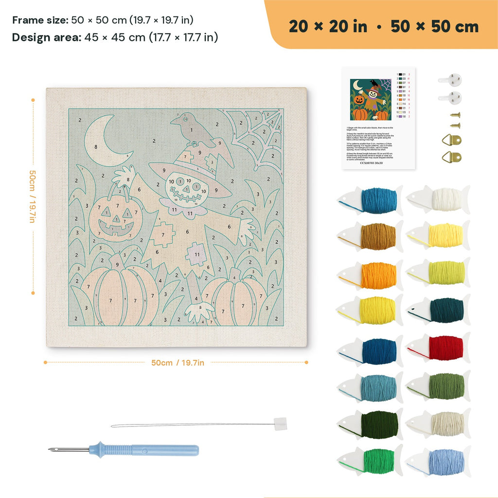 Skull Scarecrow Patch punch needle kit, 20 × 20 in (50 × 50 cm): canvas size and kit contents