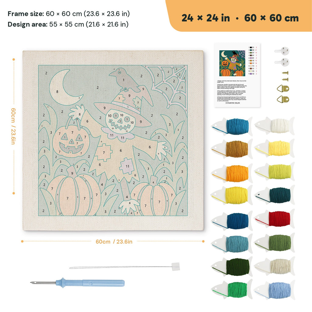 Skull Scarecrow Patch punch needle kit, 24 × 24 in (60 × 60 cm): canvas size and kit contents